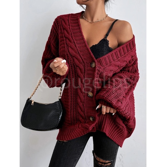 Oversized Burgundy Cable Knit Cardigan Long Sleeves Hip Length Buttoned - Picture 4 of 11